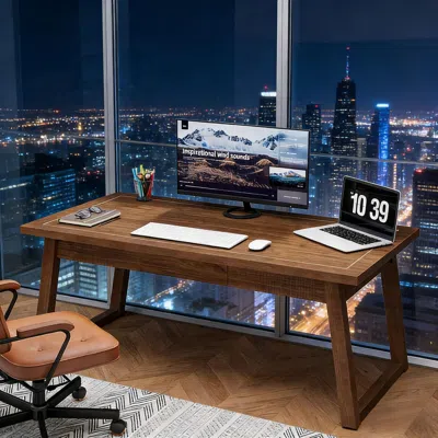 Agaile Wood Computer Desk, Mid-century Modern Study Writing Table With Drawer In Burgundy