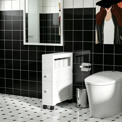 Agaile Wood Rolling Narrow Bathroom Side Storage Cabinet In White