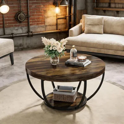 Agaile Wooden Coffee Table, 2-tier Round Central Cocktail Table With Shelvesg In Brown
