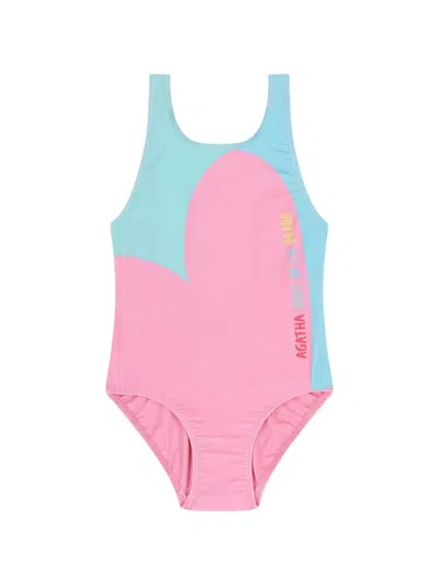 Agatha Ruiz De La Prada Kids' Heart Colour Block Swimsuit In Pink