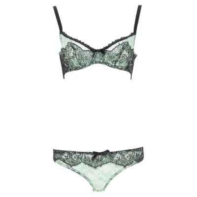 Pre-owned Agent Provocateur Mint Green Lace Black Bow Bra Panty Set Fr90c