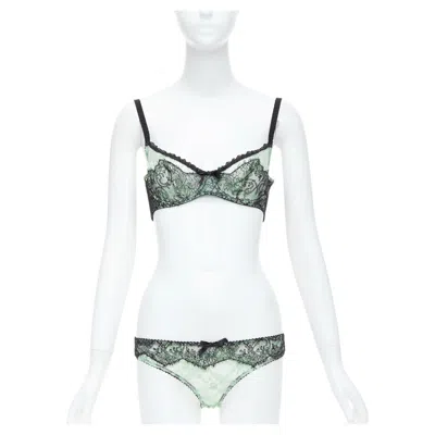 Pre-owned Agent Provocateur Mint Green Lace Black Bow Bra Panty Set Fr90c