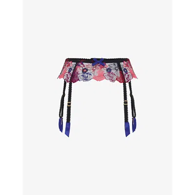 Agent Provocateur Zuri Floral-embroidered Mesh Suspender Belt In Blue/pink/black