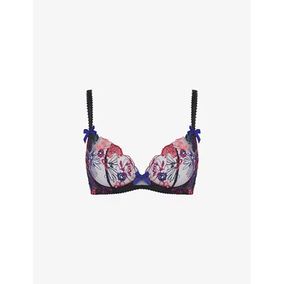 Agent Provocateur Zuri Lace-embroidered Plunge Woven Underwired Bra In Blue/pink/black