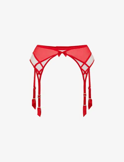 Agent Provocateur Cherise Sheer-panel Mid-rise Mesh Suspender Belt In Red