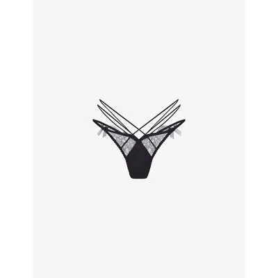 Agent Provocateur Womens Black Halley Bow-embellished Stretch-mesh Thong Xl