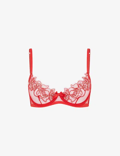 Agent Provocateur Womens Red Lindie Embroidered Underwired Mesh Bra