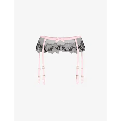Agent Provocateur Womens Pink Lindie Floral-motif Bow-embellished Woven Suspender Belt