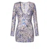 Aggi By Halewski Women's Aira Blue Mix Sparkle Sequin Mini Dress With Long Sleeve