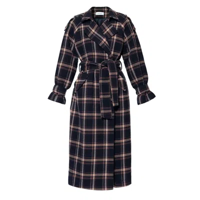 Aggi By Halewski Women's Brown / Blue Ricarda Check Navy Brown Midi Coat In Brown/blue