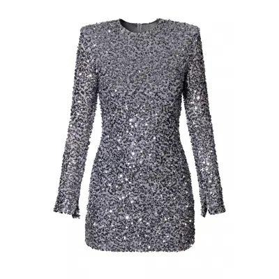 Aggi By Halewski Women's Jackie Grey Sparkle Mini Sequin Party Dress With Long Sleeve