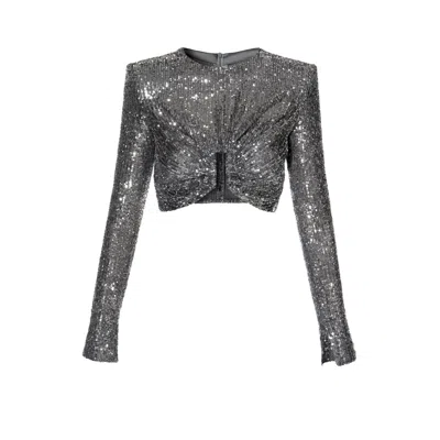 Aggi By Halewski Women's Meg Silver Diamond Sequined Crop Top With Long Sleeves