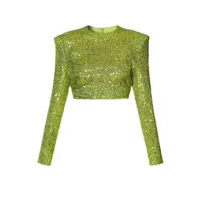 Aggi By Halewski Women's Yellow Zoey Lemon Sparkle Sequin Long Sleeve Crop Top