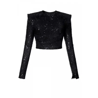 Aggi By Halewski Women's Zoey Black Sparkle Sequin Crop Top With Long Sleeve