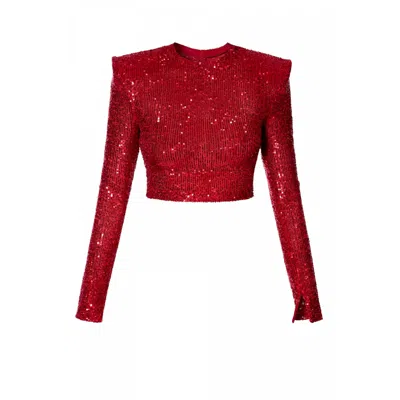 Aggi By Halewski Women's Zoey Red Sparkle Sequin Crop Top With Long Sleeve