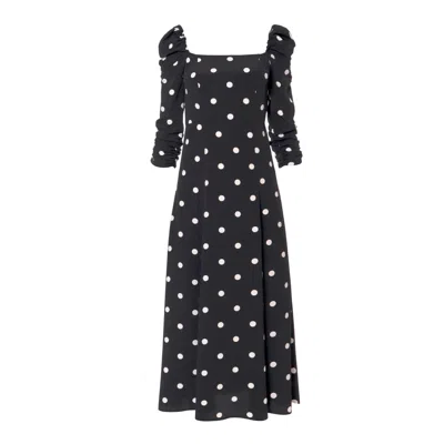 Aggi Women's Black Amelie Walking Dots Puffed Sleeves Midi Dress