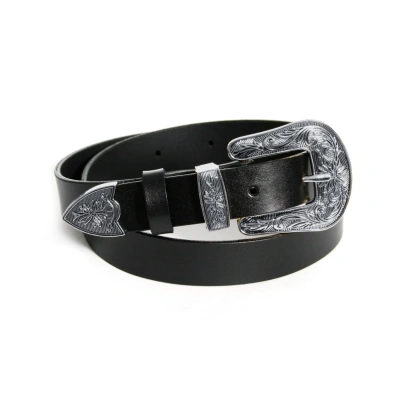 Aggi Women's Black Leather Belt With One Silver Ornament Buckle In Blue