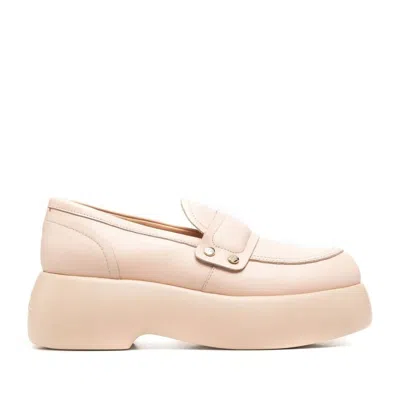Agl Attilio Giusti Leombruni Beige Puffy Moc Leather Studded Wedge Loafers In Pink