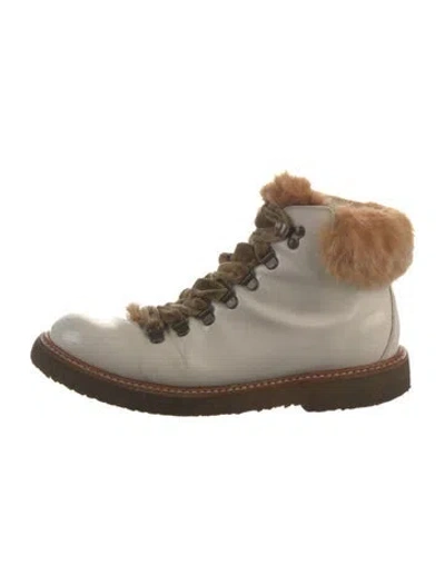 Pre-owned Agl Attilio Giusti Leombruni Leather Fur Trim Lace-up Boots In Neutral
