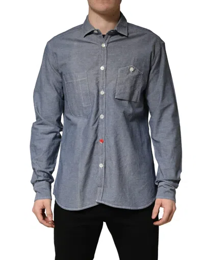 Pre-owned Aglini Dark Blue Slim Fit Collared Long Sleeve Denim Men's Shirt ()