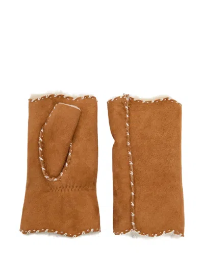 Agnelle Alix Shearling-lined Suede Fingerless Gloves In Brown