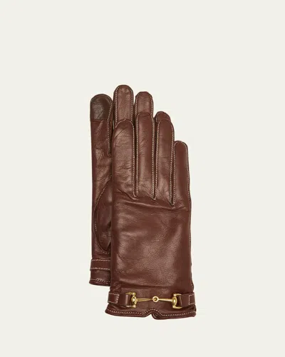 Agnelle Classic Buckled Leather & Cashmere Gloves In Brown