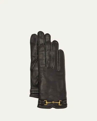 Agnelle Classic Buckled Leather & Cashmere Gloves In Noir