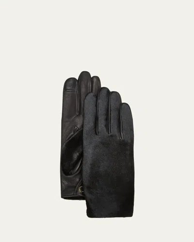 Agnelle Classic Hair On Leather Gloves In Noir