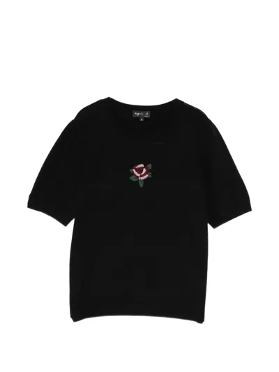 Agnès B. Beaded Flower T-shirt In Black