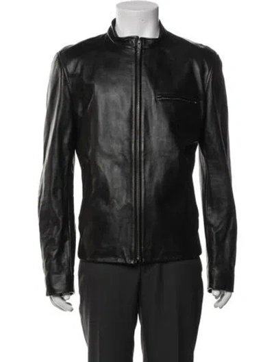 Pre-owned Agnès B. Calfskin Moto Jacket In Black