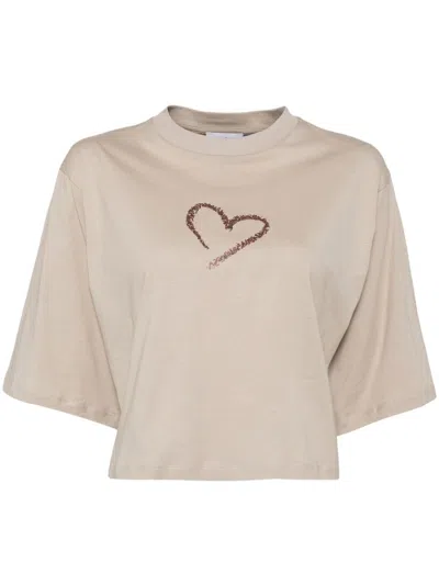 Agnès B. Glittered-heart Cropped T-shirt In Brown