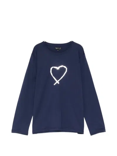 Agnès B. Heart-print Long-sleeve T-shirt In Blue