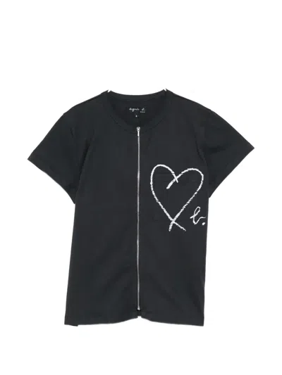 Agnès B. Heart-print Zip-up T-shirt In Black