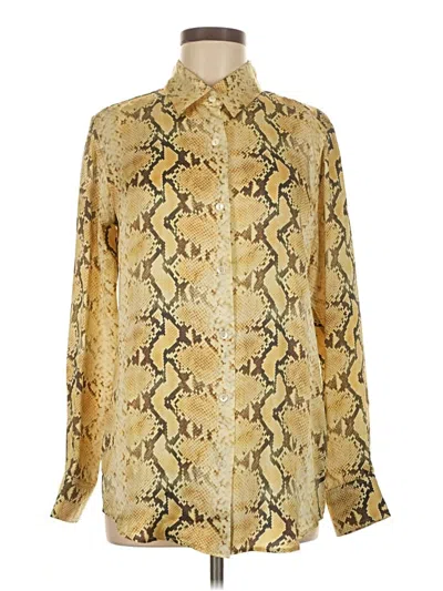Pre-owned Agnès B. Long Sleeve Silk Top Gold Animal Print Pattern High Neck Tops