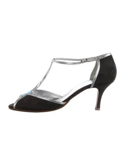 Pre-owned Agnès B. Suede Graphic Print T-strap Pumps In Black