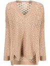 Agnona Beige Open-knit Sweater With V-neckline In Neutral