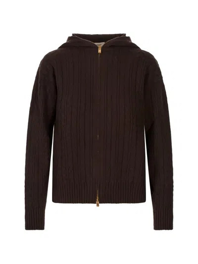 Agnona Cable-knit Hoodie In Brown