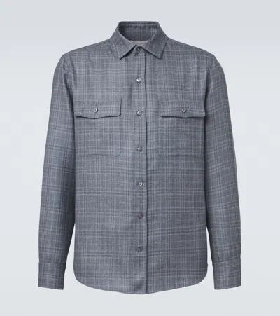 Agnona Checked Wool, Silk, And Linen Shirt In Blue