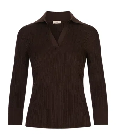 Agnona Ribbed-knit Buttoned-cuff Top In Brown