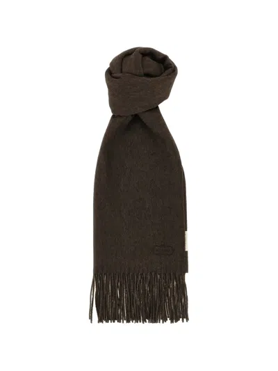 Agnona Embroidered-logo Fringed Scarf In Brown