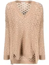 Agnona Beige Open-knit Sweater With V-neckline In Beige