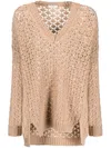 Agnona Beige Open-knit Sweater With V-neckline In Beige