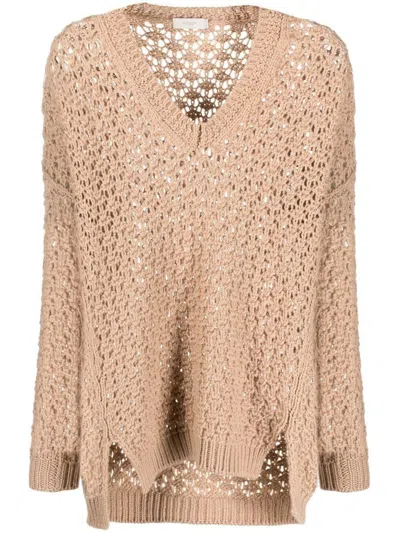 Agnona V-neck Cashmere Crochet Knit Jumper In Beige