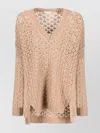 Agnona Beige Open-knit Sweater With V-neckline In Neutral