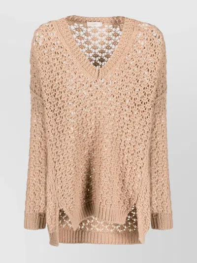 Agnona Knitwear With V Neck And Side Slits In Neutral