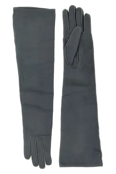 Agnona Long Leather Gloves In Grau