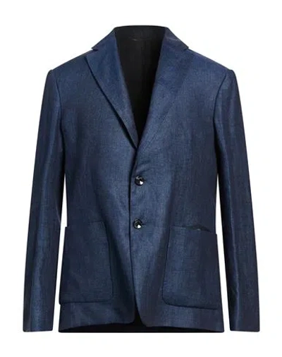 Agnona Man Blazer Blue Size 44 Linen, Calfskin, Lambskin, Metal