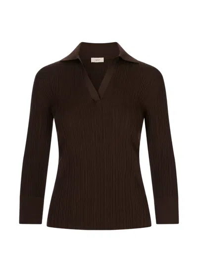 Agnona Ribbed-knit Buttoned-cuff Top In Brown