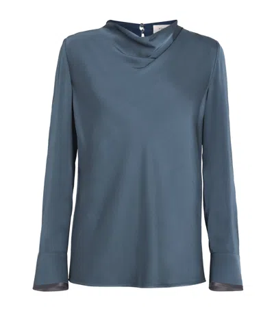 Agnona Satin Cowl-neck Blouse In Blue