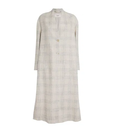 Agnona Silk-linen-blend Check Coat In Blue